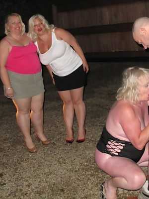 Overweight mature women take part in group sex over car bonnets