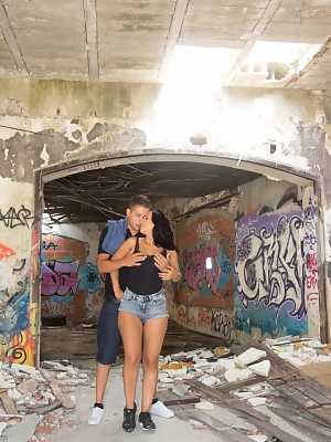 Pretty Latina girl and her BF have nice outdoor sex in abandoned building