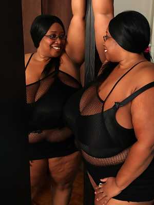 Brunette BBW in black lingerie Cotton Candi exposing her massive saggy tits