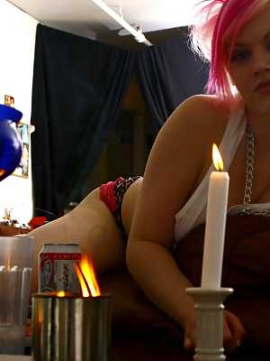 Cutie fetish girl with cotton candy hair pulls flashes her pierced pussy