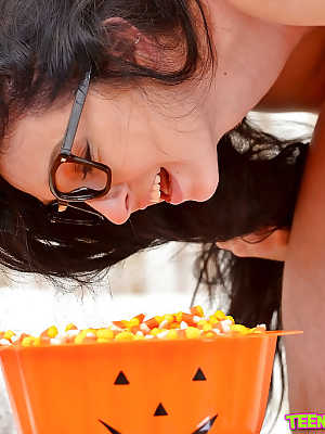 Eating popcorn ends up with some mouth fucking action for a teen in glasses