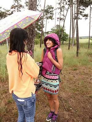 Wonderful amateur teens Suzy Rainbow & Daphne toy each other on a rainy day