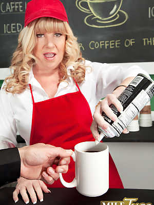 Married Dawn Jilling appears in the first scene as barista and sucks in cafe