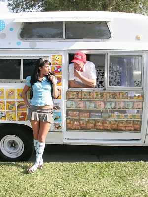 Teen Deena Daniels shows her twat and gets it stuffed in an ice cream truck