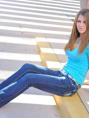 Adorable newbie Delilah strips jeans in public & shows her hot pussy and feet