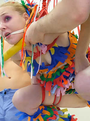 Blonde teen Delirious Hunter gets her anus toyed while cosplaying a piñata