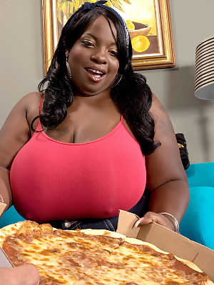 Obese black woman Diamond Knights eats a pizza before riding atop a dick