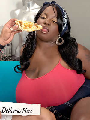 Obese black woman Diamond Knights eats a pizza before riding atop a dick