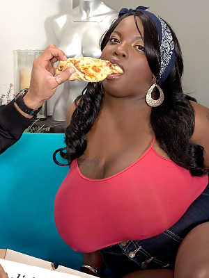 Obese black woman Diamond Knights eats a pizza before riding atop a dick