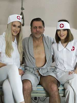 Kinky nurses enjoying hot doggystyle & missionary threesome sex with a patient