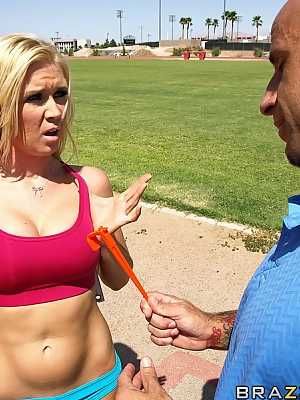 Sporty blonde Dylan Riley gets her shaved pussy banged by her coach