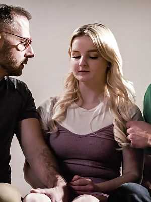 Young blonde Eliza Eves does a double penetration with older men