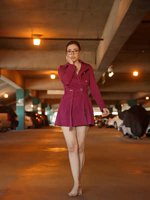 Geeky redhead in a coat Elizabeth Marxs flashes her boobs and pussy in public