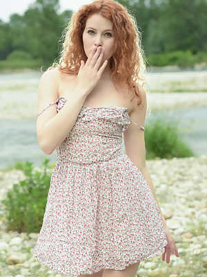 Picnicking redhead Heidi Romanova flashes hot upskirt & shows closeup pussy