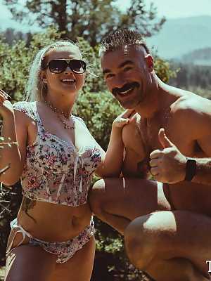 Blonde girl Emily Right and her boyfriend have sex during a camping expedition