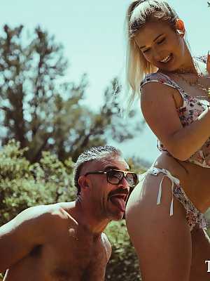 Blonde girl Emily Right and her boyfriend have sex during a camping expedition