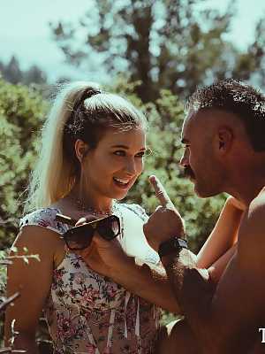 Blonde girl Emily Right and her boyfriend have sex during a camping expedition