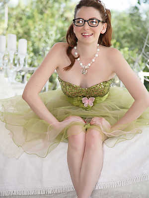 Nerdy Emma Evins doffs tulle dress & shows tiny tits & muff in sheer panties