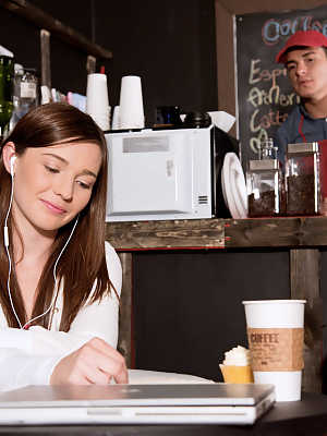 18 year old teen Emma Ryder gets seduced and banged in coffee shop cafe