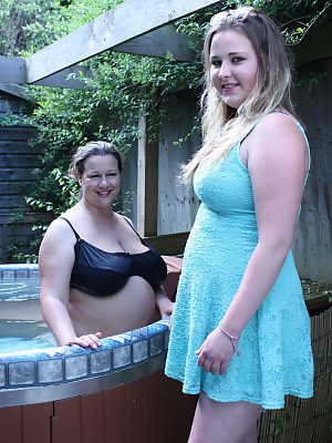 Older BBW has lesbian sex with a teen plumper in a swimming pool