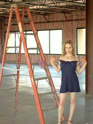 Amateur model gets naked on a stepladder while wearing shoes