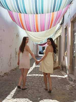 Lesbian lovers Francesca DiCaprio & Stella Cox flash upskirts while on holiday