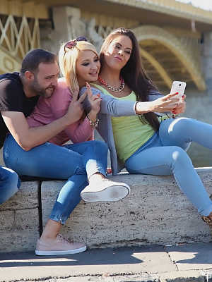 Euro chicks in denim jeans agree to threesome sex with long penis after selfie