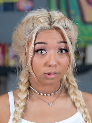 Ebony chick sports braided blonde hair during close-up POV action