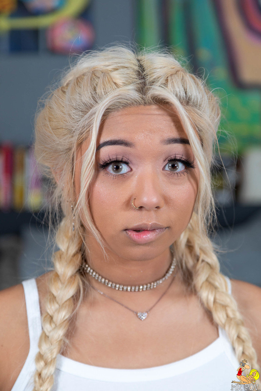 Ebony chick sports braided blonde hair during close-up POV action