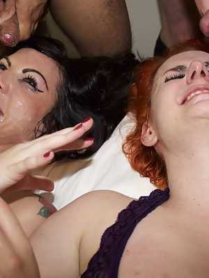 Slutty girls Gina Lynn Jameson & Elise Adore end groupsex with facial cumshots