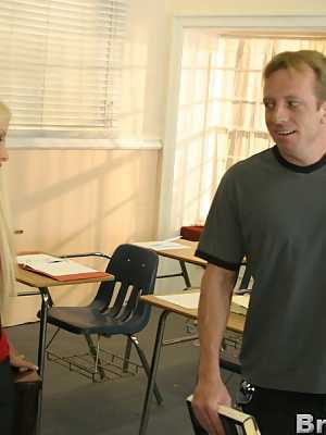 Big titted MILF teacher Gina Lynn bent on her table and banged hard