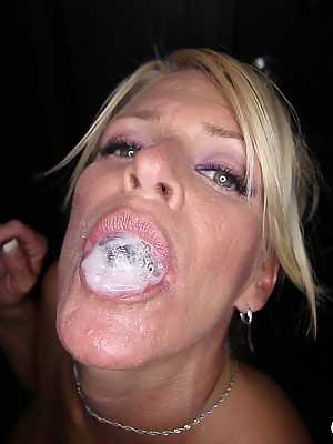 MILF cum slut Gina shows her big mouthful after sucking off 7 gloryhole cocks