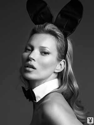 British model Kate Moss poses with playboy ears at various photoshoots