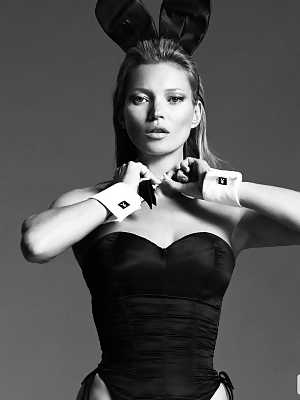 British model Kate Moss poses with playboy ears at various photoshoots