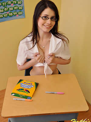Naughty schoolgirl Hailey exposes her upskirt panties at her desk