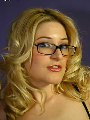 Blonde chick Heather Gables wears glasses and fishnets during interracial sex