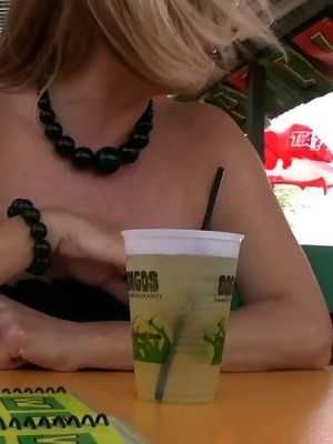 Rachel Aziani & Heather Summers expose their naked pussies at a patio bar