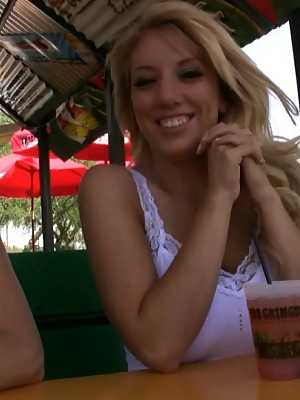 Rachel Aziani & Heather Summers expose their naked pussies at a patio bar