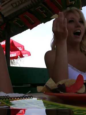 Rachel Aziani & Heather Summers expose their naked pussies at a patio bar