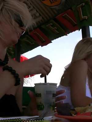 Rachel Aziani & Heather Summers expose their naked pussies at a patio bar