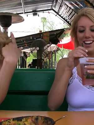 Rachel Aziani & Heather Summers expose their naked pussies at a patio bar