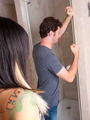 Smart chick Holly D having hot sex with James Deen in the bathroom