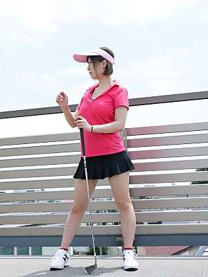 Hot Asian golfer Honoka Orihara stimulates her natural tits and takes a cock