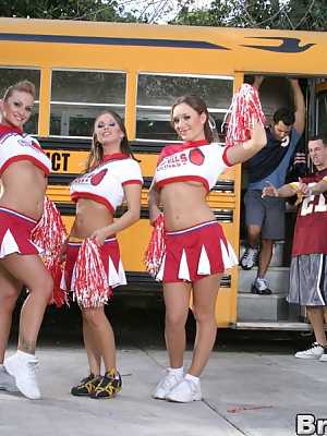 Hot cheerleaders Rachel RoXXX, Jaclyn Case & Aline flash their boobs outdoors