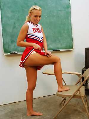 Blonde babe Jamey James flashing upskirt panties in cheerleader uniform