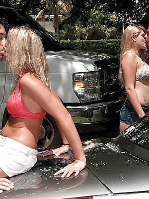 Amateur babes in bikini washing a car and getting fucked after