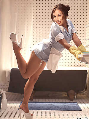 Sexy Latina maid Jasmine Byrne in her hot uniform & heels teases as she cleans