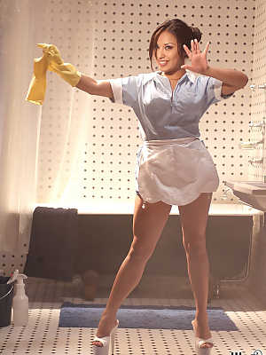 Sexy Latina maid Jasmine Byrne in her hot uniform & heels teases as she cleans