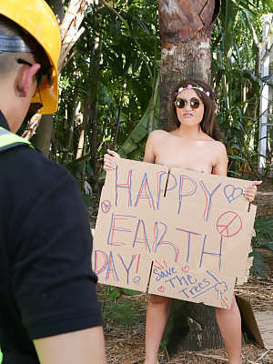 Hot hippie activist Jaye Austin tied to a tree completely naked & fucked