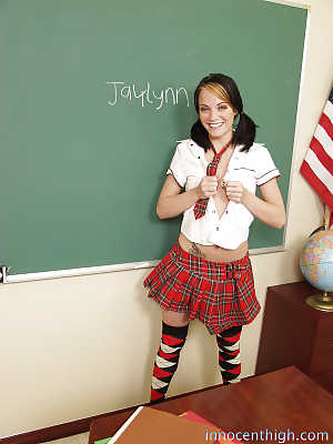 Nice looking schoolgirl teen Jaylynn undressing her cute body